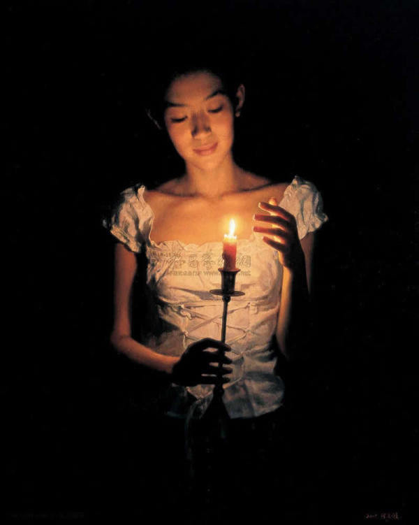 张义波《烛光下的女人》油画作品